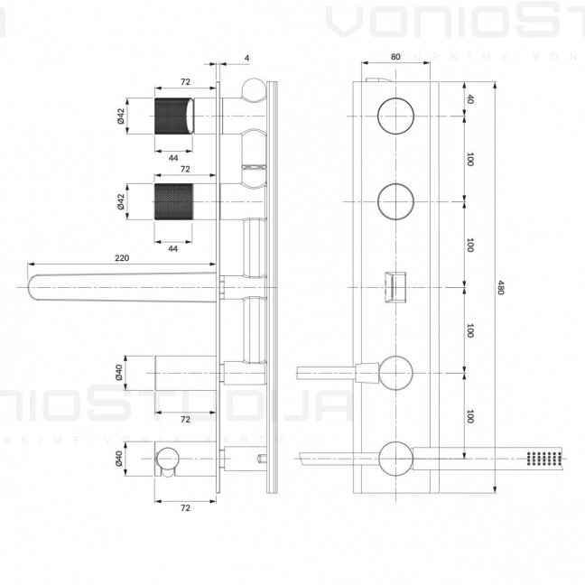 5 dalių sieninis vonios maišytuvas Omnires Contour CT8037/1AT antracito spalvos 1