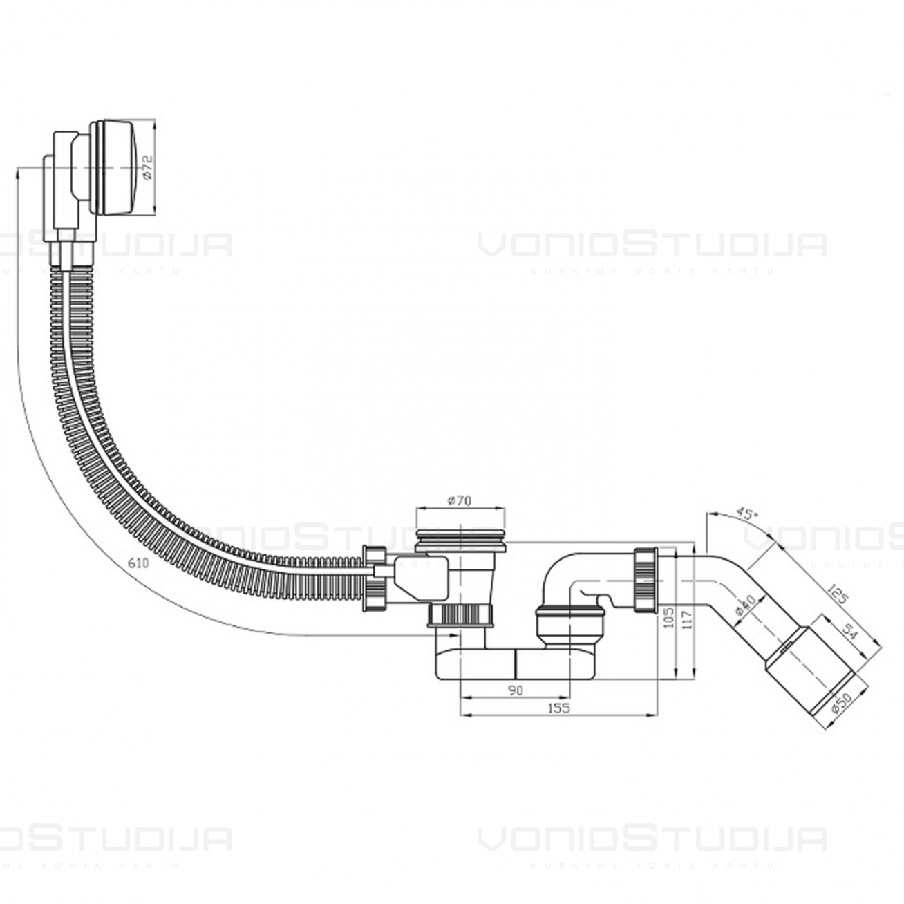 Automatinis vonios sifonas 61cm su chromo spalvos dangteliais ir alkūne 3