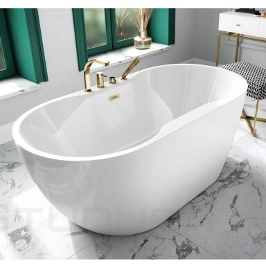 Besco Navia akrilinė vonia 150x80 cm su persipylimu aukso spalvos dangteliais Besco Navia akrilinė vonia 150x80 cm su persipylimu aukso spalvos dangteliais