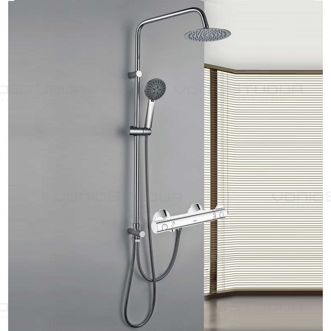 Imex dušo stovas su lietaus galva ir termostatinio maišytuvo GROHE Grohtherm 800 komplektas 1