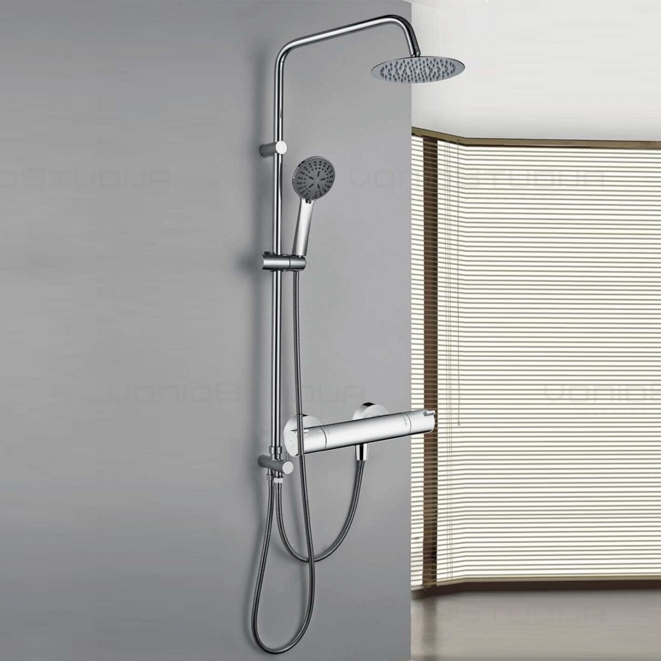 Dušo komplektas su Hansgrohe termostatiniu dušo maišytuvu Ecostat 1001CL ir chromo spalvos Imex dušo stovas su lietaus galva 1