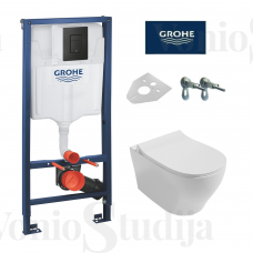 Grohe 3in1 potinkinio rėmo komplektas 38811KF0 su juodu matiniu mygtuku ir klozetas Iseva Soluzione II Rimless su lėtaeigiu dangčiu