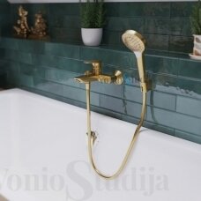 Aukso spalvos Hansgrohe Talis E vonios maišytuvas su dušo komplektu