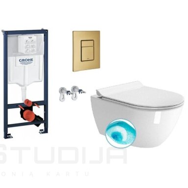 Grohe potinkinis wc rėmas su 38732GN0 braižyto aukso spalvos mygtuku ir GSI Pura 55cm pakabinamu wc su ExtraGlaze keramikos danga Grohe potinkinis wc rėmas su 38732GN0 braižyto aukso spalvos mygtuku ir GSI Pura 55cm pakabinamu wc su ExtraGlaze keramikos danga
