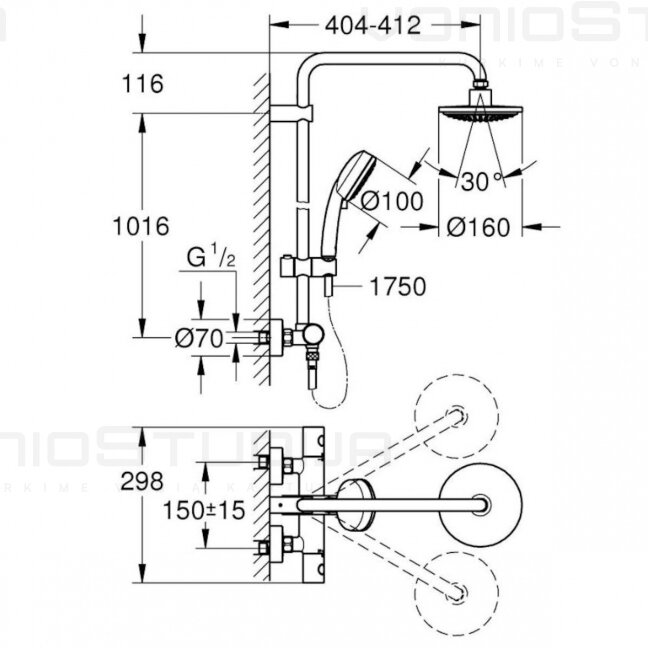 GROHE termostatinė virštinkinė dušo sistema New Tempesta Cosmopolitan chromo spalvos 6 GROHE termostatinė virštinkinė dušo sistema New Tempesta Cosmopolitan chromo spalvos 6
