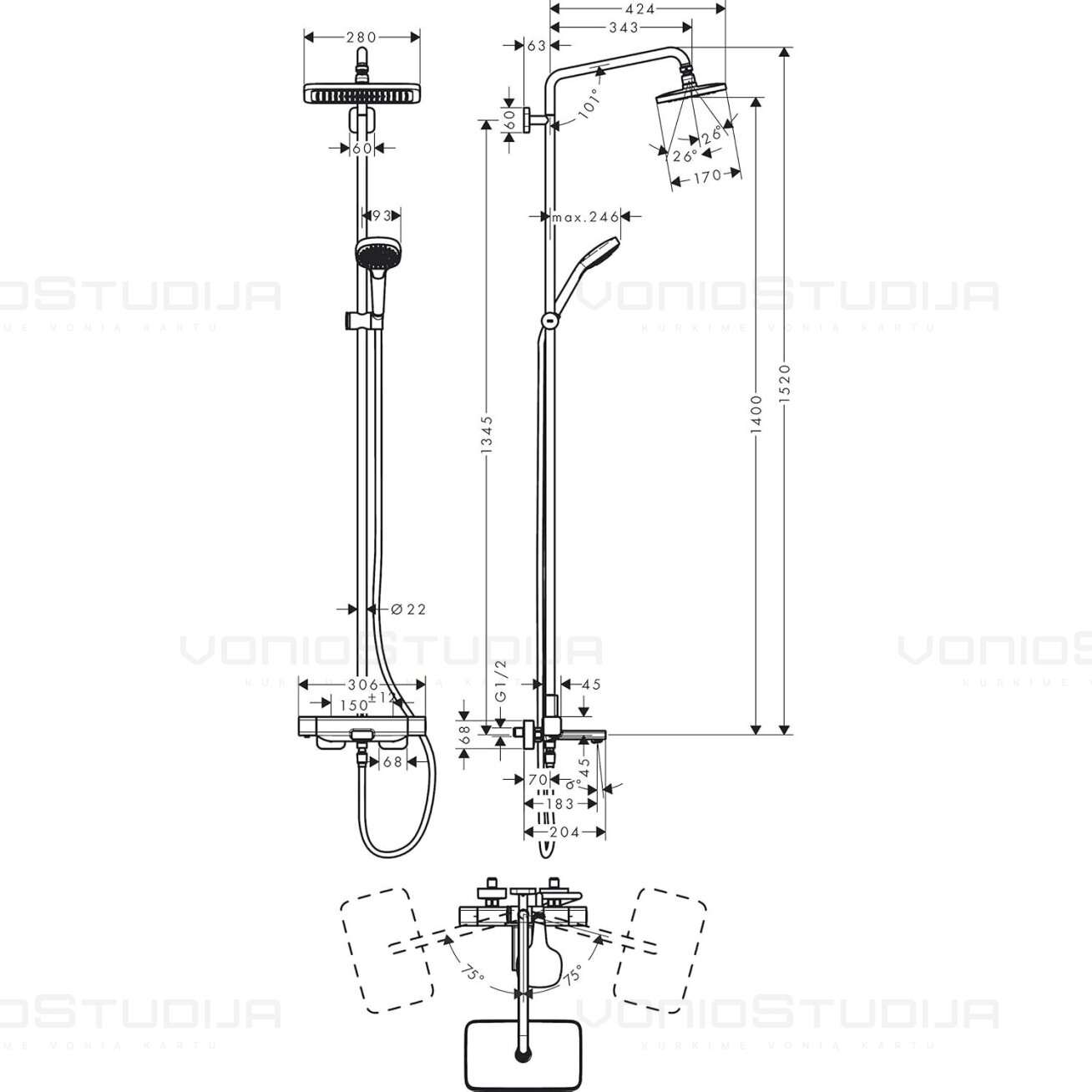 Hansgrohe Croma E280 27687000 virštinkinė dušo/vonios sistema, termostatinis maišytuvas, snapas, chromo spalva 6 Hansgrohe Croma E280 27687000 virštinkinė dušo/vonios sistema, termostatinis maišytuvas, snapas, chromo spalva 6