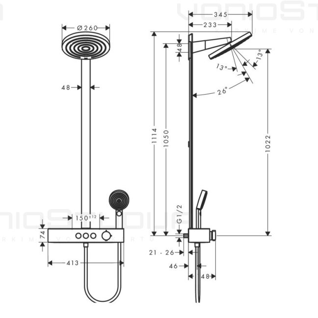 Hansgrohe Pulsify S EcoSmart 24241140 virštinkinė termostatinė dušo sistema, bronzos spalvos 4 Hansgrohe Pulsify S EcoSmart 24241140 virštinkinė termostatinė dušo sistema, bronzos spalvos 4