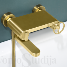 Imex Olimpo vonios maišytuvas su dušelio komplektu PVD braižyto aukso spalvos