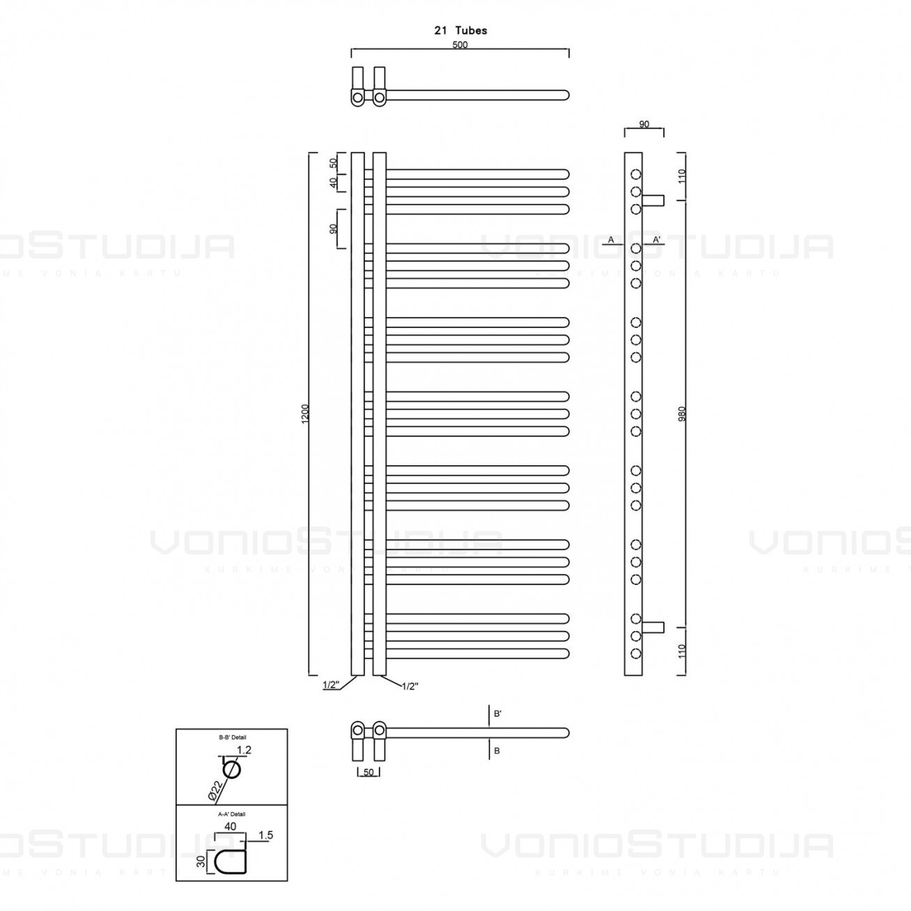 Juodas rankšluosčių džiovintuvas Sapho Dorlion 500x1200mm 5