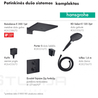 Juoda potinkinė termostatinė dušo sistema Hansgrohe Ecostat SQUARE Juoda potinkinė termostatinė dušo sistema Hansgrohe Ecostat SQUARE