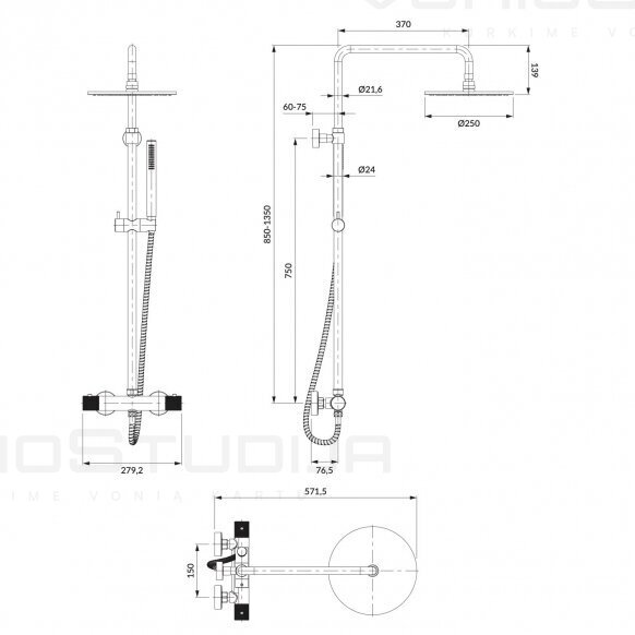 Braižyto antracito spalvos Omnires Contour CT8044AT termostatinė dušo sistema 1 Braižyto antracito spalvos Omnires Contour CT8044AT termostatinė dušo sistema 1