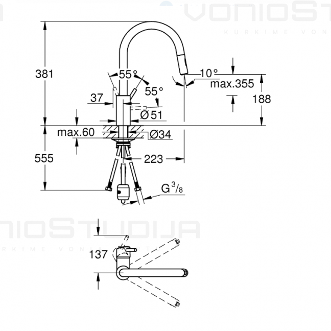 Grohe chromo spalvos maišytuvas virtuvės plautuvei su dušeliu 1 Grohe chromo spalvos maišytuvas virtuvės plautuvei su dušeliu 1