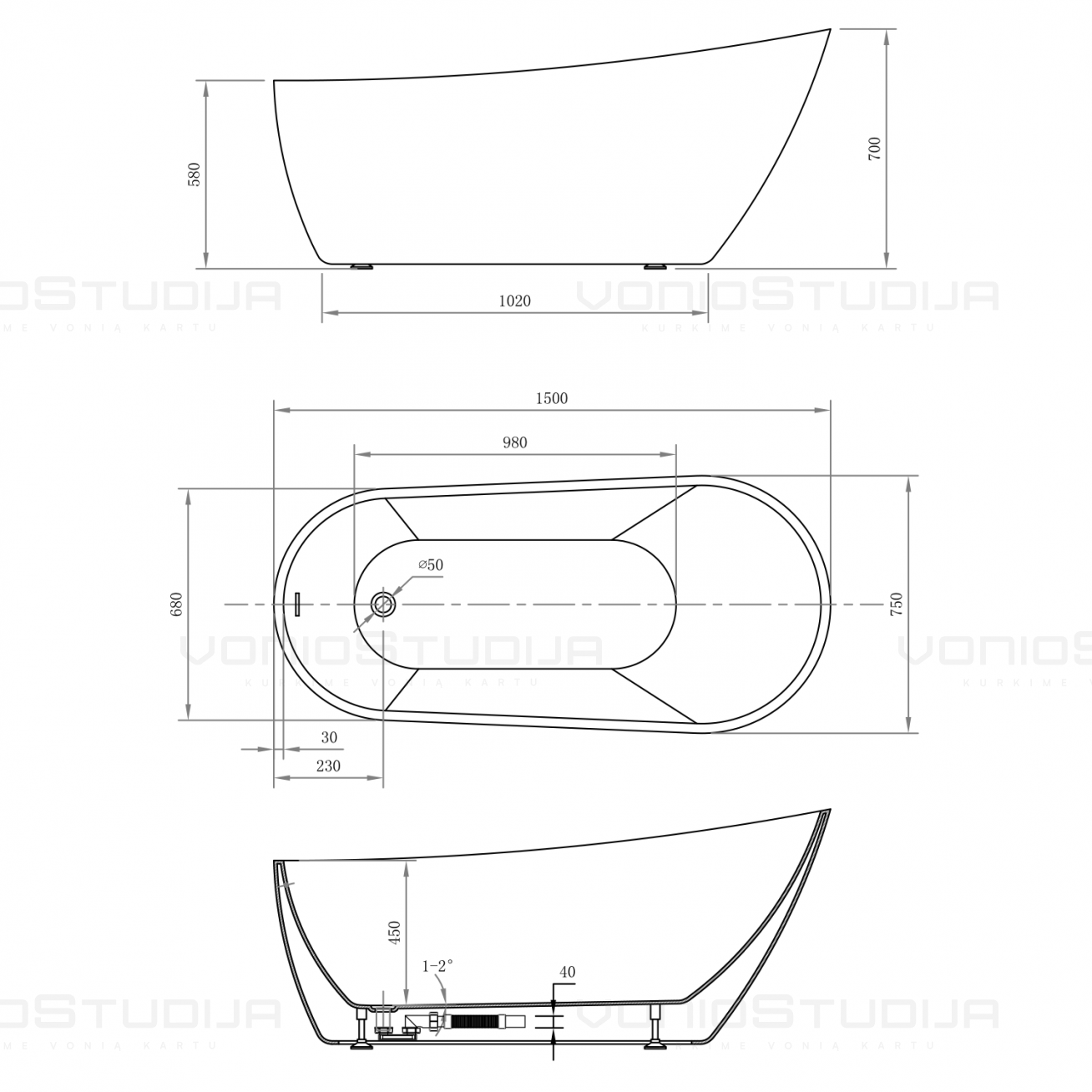 Laisvai pastatoma vonia Aqualine Tisa 150x75cm 4