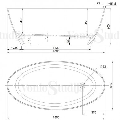 Laisvai pastatoma lieto akmens vonia Marble+ Siena WW BSP pilka išorė, baltas vidus 3