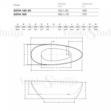 Laisvai pastatoma vonia Besco GOYA XS 142cm 2