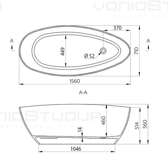 Lieto akmens vonia ELIPSIE 1570x700mm 5