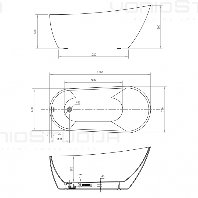 Laisvai pastatoma vonia Aqualine Tisa 150x75cm 4