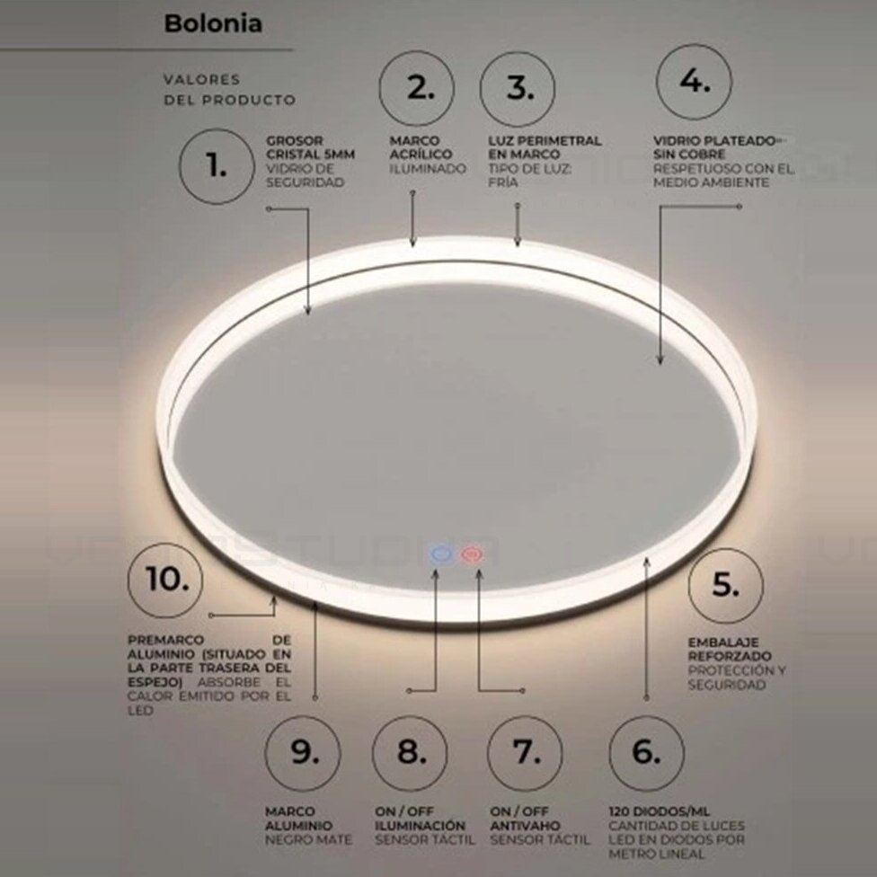 LEDIMEX Bolonia apvalus veidrodis juodu rėmu su Led apšvietimu 80cm 4