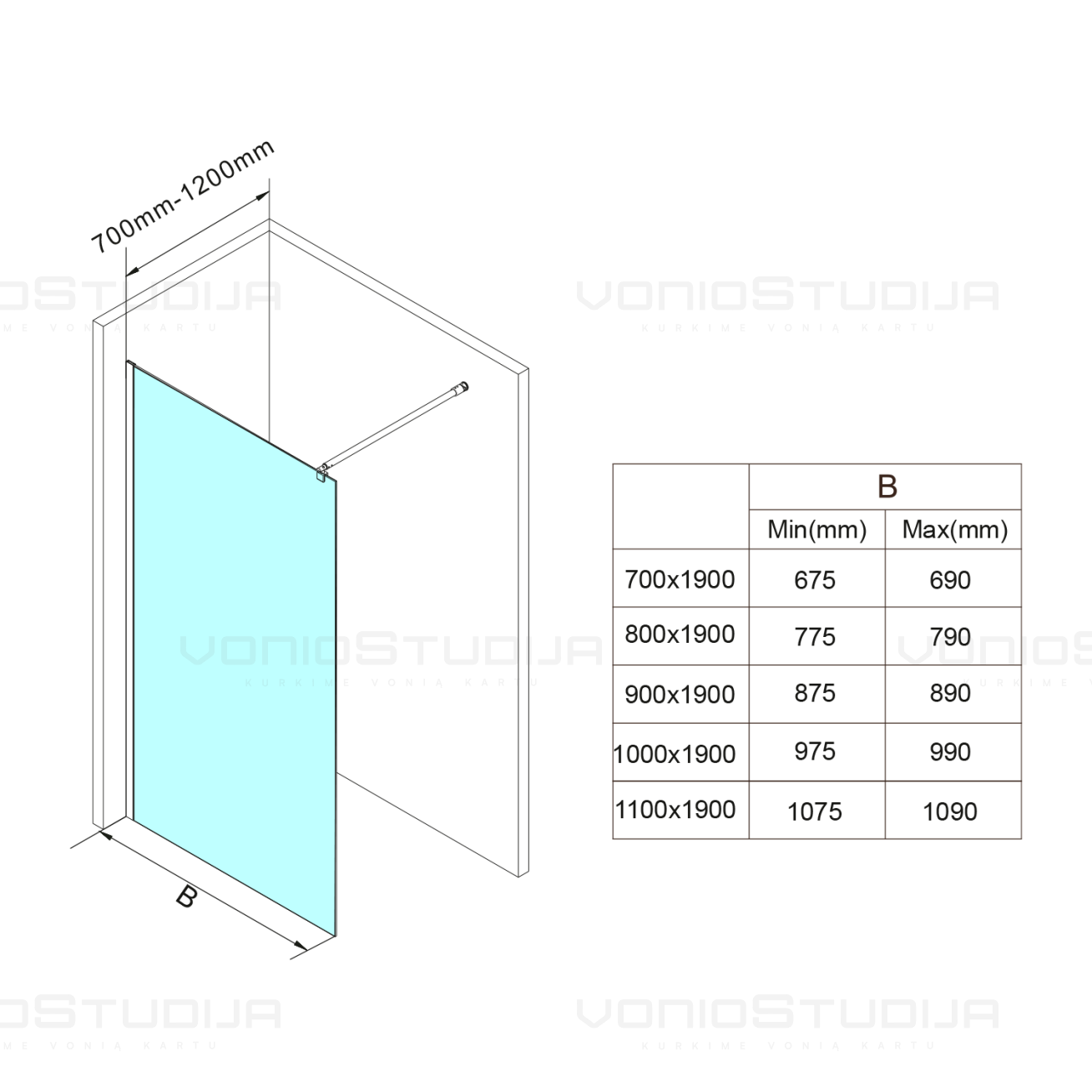 Matinio stiklo dušo sienelė Aqualine WALK-IN chromo spalvos profiliais 1100mm 8