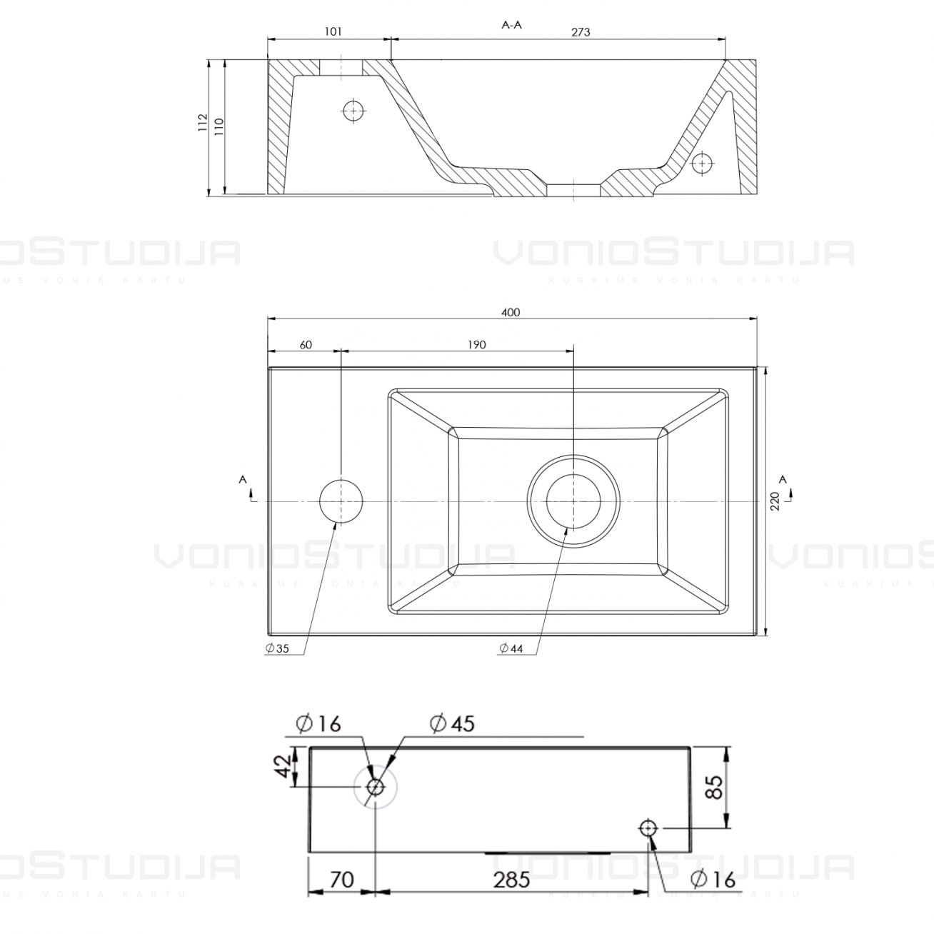 Mažas AMAROK praustuvas 40x11x22cm, kairinis juodas matinis 4 Mažas AMAROK praustuvas 40x11x22cm, kairinis juodas matinis 4