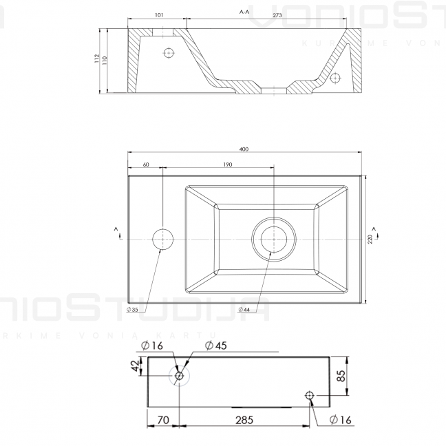 Mažas AMAROK praustuvas 40x11x22cm, kairinis juodas matinis 4
