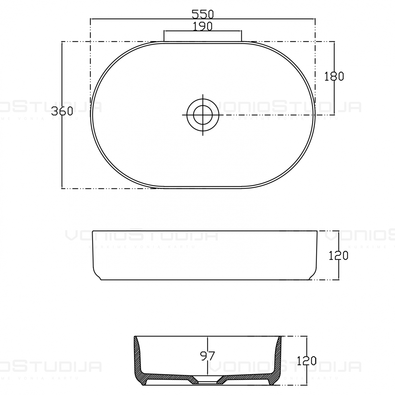 Pastatomas praustuvas Infinity Oval su dugno vožtuvu 4