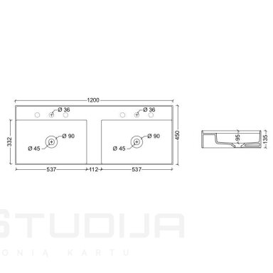 Dvigubas praustuvas Alice Ceramica Hide 1200x450 mm
