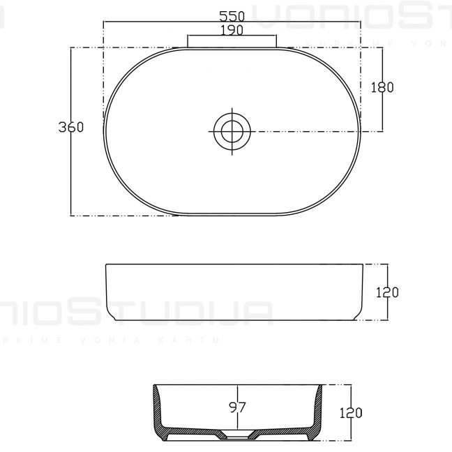 Pastatomas praustuvas Infinity Oval su dugno vožtuvu 4