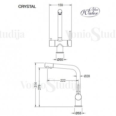 Plautuvės maišytuvas Blue Water CRYSTAL su jungtimi filtruotam ir mineralizuotam vandeniui 3