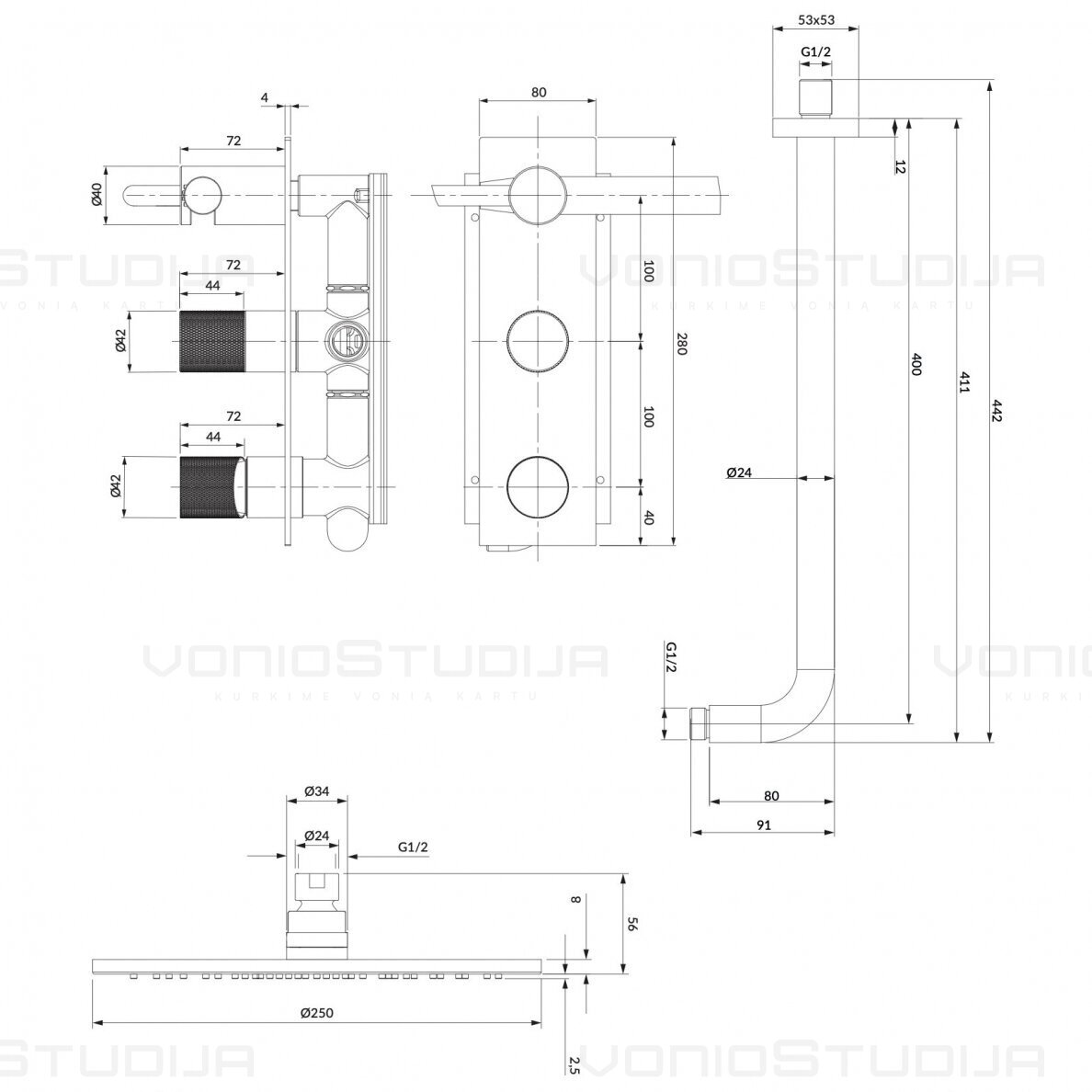 Omnires Contour potinkinė dušo sistema brushed antracito spalvos SYSCT10AT 1