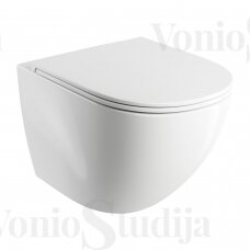 Potinkinio WC rėmo SAT su baltos spalvos klavišu ir pakabinamas Omnires Ottawa Rimless klozetas su plonu lėtaeigiu dangčiu