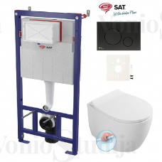 Potinkinis WC rėmas SAT su tvirtinimais juodos spalvos klavišu ir klozetas Sentimenti Rimless 36x51cm, su slim lėtaeigiu dangčiu