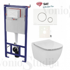 Potinkinis WC rėmas SAT su tvirtinimais ir baltu klavišu ir klozetu Tesi, baltos spalvos su lėtaeigiu dangčiu AquaBlade technologija.