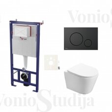Potinkinis wc rėmo komplektas SAT su pakabinamu klozetu Infinitio Compact Rimless, juodu mygtuku