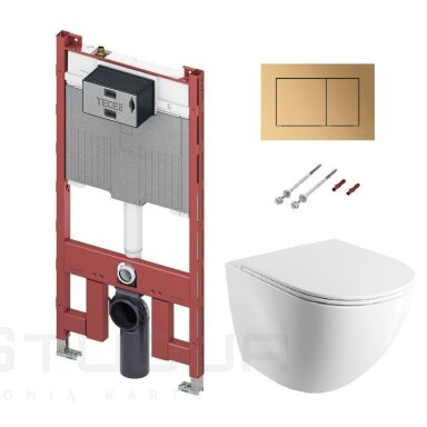 Potinkinis Wc rėmas Tece 8 cm su Tece Now žalvario spalvos klavišu ir pakabinamas Omnires Ottawa Rimless klozetas su plonu lėtaeigiu dangčiu Potinkinis Wc rėmas Tece 8 cm su Tece Now žalvario spalvos klavišu ir pakabinamas Omnires Ottawa Rimless klozetas su plonu lėtaeigiu dangčiu