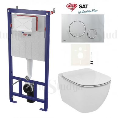 Potinkinis WC rėmas SAT su tvirtinimais ir chromo spalvos klavišu ir klozetu Tesi, baltos spalvos su lėtaeigiu dangčiu AquaBlade technologija.