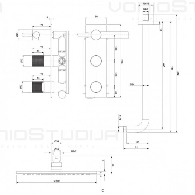 Omnires Contour potinkinė dušo sistema brushed antracito spalvos SYSCT10AT 1
