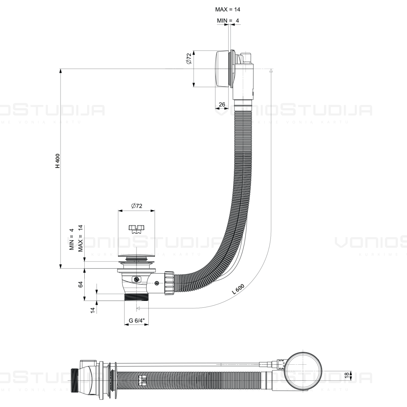 Automatinis sifonas voniai Polysan, baltas, 600mm 4 Automatinis sifonas voniai Polysan, baltas, 600mm 4