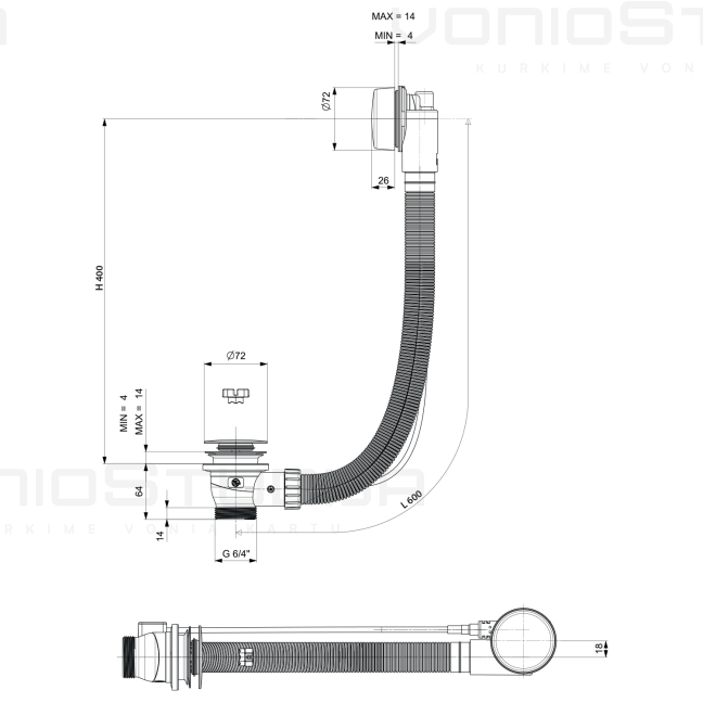 Automatinis sifonas voniai Polysan, baltas, 600mm 4 Automatinis sifonas voniai Polysan, baltas, 600mm 4