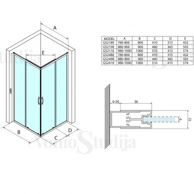 Skaidraus stiklo dušo kabina GELCO SIGMA SIMPLY chromo spalvos korpuso dalys 100x100cm 11