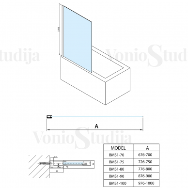 Stabili vonios sienelė MODULAR 700x1500mm, skaidrus stiklas 1