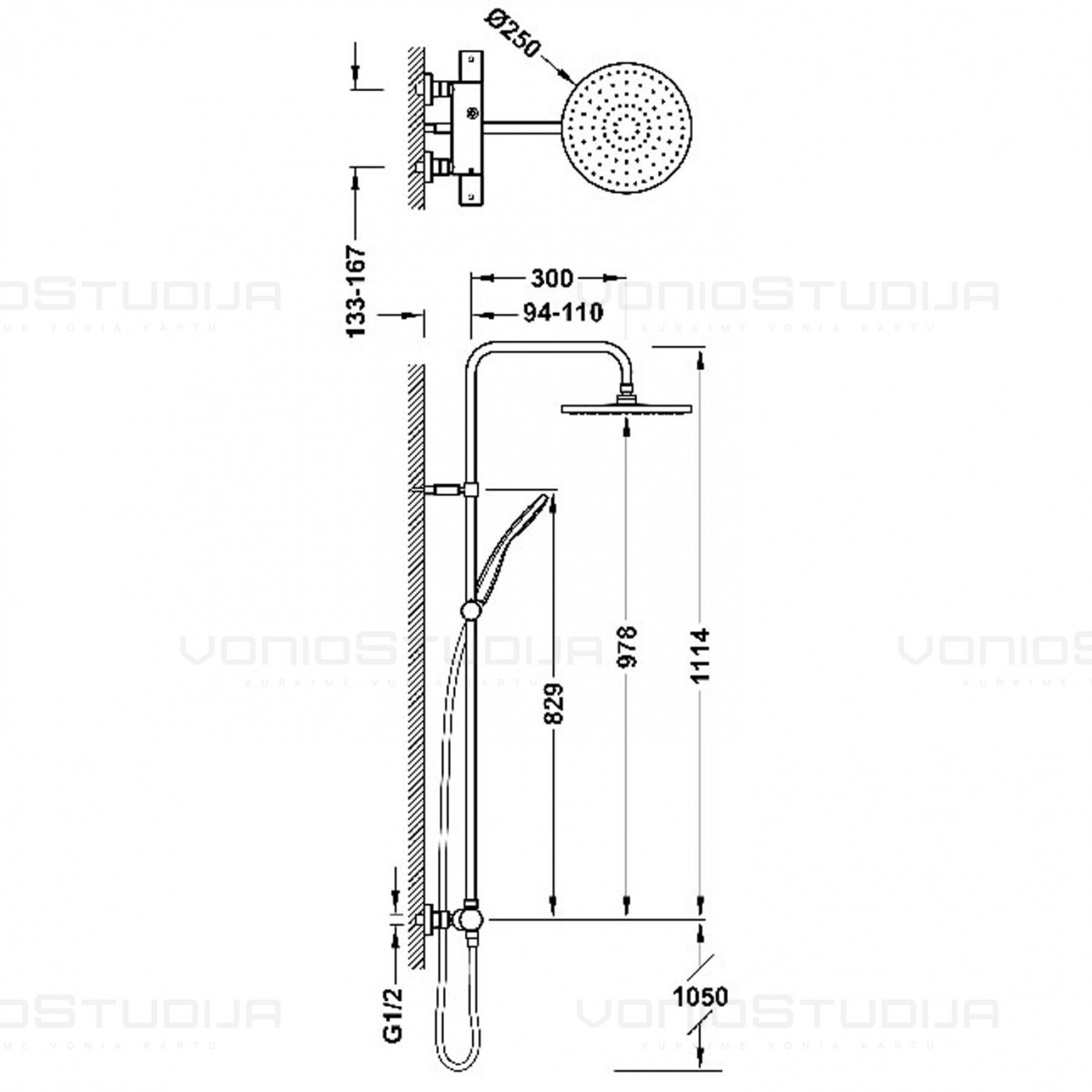 Tres OVER-WALL termostatinė dušo sistema, Ø 250mm, juodos matinės spalvos 1 Tres OVER-WALL termostatinė dušo sistema, Ø 250mm, juodos matinės spalvos 1