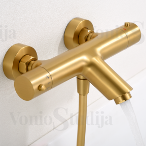 Termostatinis vonios maišytuvas Imex Monza su dušo komplektu braižyto aukso spalvos
