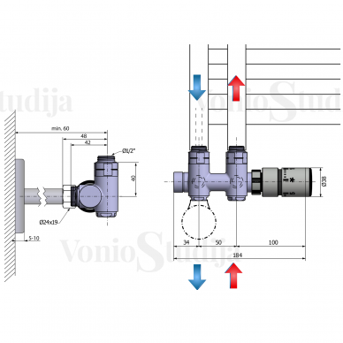 TWIN Combi centrinis pajungimo komplektas su termostatiniu ventiliu, montavimas kairėje 4