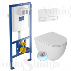 Villeroy & Boch Viconnect WC potinkinis rėmas su baltos spalvos klavišu ir pakabinamas klozetas INFINITY Rimless su lėtaeigiu dangčiu