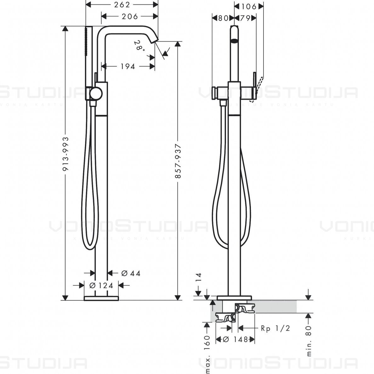 Hansgrohe vonios maišytuvas iš grindų Tecturis S 73440670 juodos matinės spalvos 1