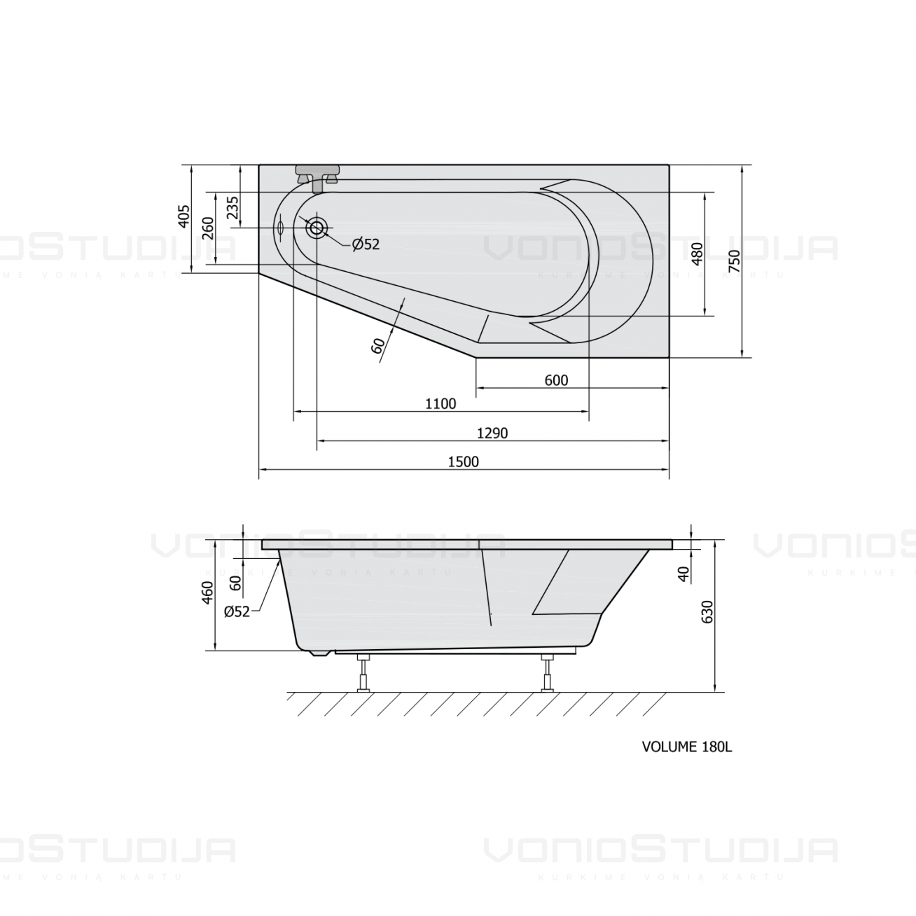 Vonia TIGRA R 150x75x46cm akrilinė su kojomis 6 Vonia TIGRA R 150x75x46cm akrilinė su kojomis 6