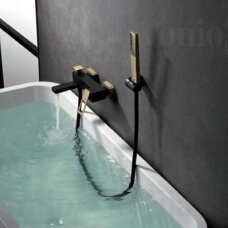 Vonios maišytuvas Imex Suecia su dušo komplektu juodos matinės spalvos su aukso detalėmis