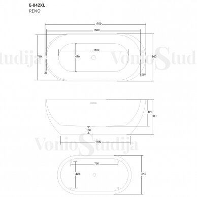 Vonia akrilinė laisvai pastatoma Corsan E042XL Reno su baltu clicklack, 170cm 8