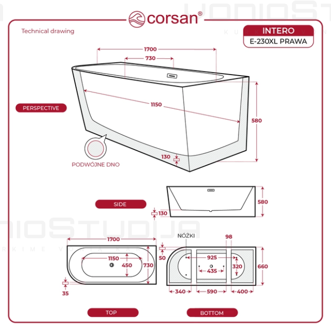 Vonia Corsan E230XL INTERO dešininė 170cm su rožinio aukso spalvos clicklack 5
